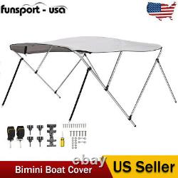 3 Bow 600D Bimini Top Boat Cover 6'L x 61-66 W 46 High With Rear Poles Gray