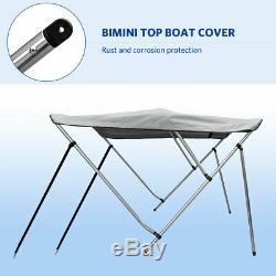 3 Bow 600D Bimini Top Boat Cover 6'L x 61-66 W 46 High With Rear Poles Gray
