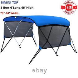 3 Bow BIMINI TOP Boat Cover 6ft Long 46H x 79-84W with Rear Poles and Sidewalls