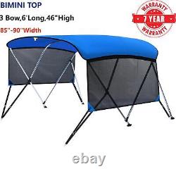 3 Bow BIMINI TOP Boat Cover 6ft Long 46H x 85-90W with Rear Poles and Sidewalls