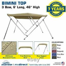 3 Bow Bimini Top Boat Cover 46 H X 79-84 W 6' Long, Rear Support Poles, Beige