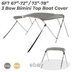 3 Bow Bimini Top Boat Roof Cover with Rear Pole 6ft Long 46 High 600D Gray/Beige