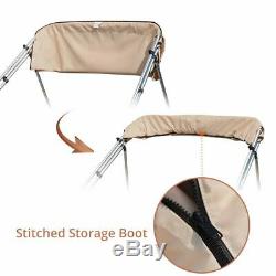 3 Bow Boat Bimini Top Cover Boat Canopy Shade with Support Pole Boot Beige 54-60