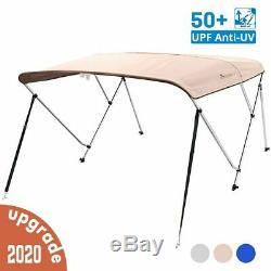 3 Bow Boat Bimini Top Cover Boat Canopy Shade with Support Pole Boot Beige 61-66