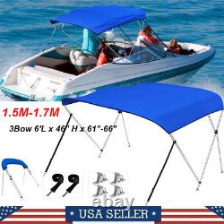 3Bow Bimini Top Boat Cover Waterproof 6'L x 61-66 W 46High With Rear Poles Blue