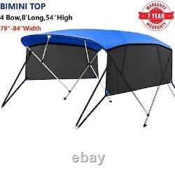 4 Bow BIMINI TOP Boat Cover 8ft Long 54H x 79-84W with Rear Poles and Sidewalls