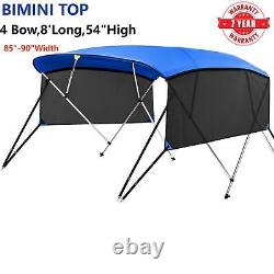 4 Bow BIMINI TOP Boat Cover 8ft Long 54H x 85-90W with Rear Poles and Sidewalls