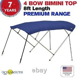 4 Bow Bimini Top PREMIUM RANGE 67 72 Width, 8ft Long Pacific Blue Rear Poles