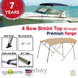 4 Bow Bimini Top PREMIUM RANGE 67 72 Width, 8ft Long Sand with Rear Poles