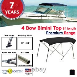 4 Bow Bimini Top PREMIUM RANGE 79 84 Width, 8ft Long Black with Rear Poles
