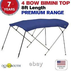 4 Bow Bimini Top PREMIUM RANGE 85 90 Width, 8ft Long Pacific Blue Rear Poles
