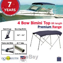 4 Bow Bimini Top PREMIUM RANGE 90 96 Width, 8ft Long Blue with Rear Poles
