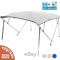 4 Bow Boat Bimini Top Cover Boat Canopy Shade with Support Pole Boot Grey 91-96