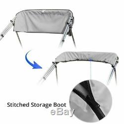4 Bow Boat Bimini Top Cover Boat Canopy Shade with Support Pole Boot Grey 91-96