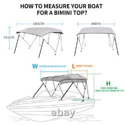 4 Bow Waterproof Bimini Top Boat Cover 8'L x 85-90W x 54 H With Rear Poles Gray