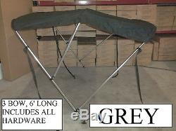 6' Long, 54-60 Wide, Grey Boat Bimini Shade Canopy Top Cover Bikini 3 Bow Gray