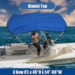 600D 3 Bow 6'L x 46H x 54-60W Bimini Top Stainless Steel Deck Hinges Blue