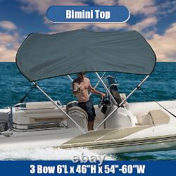600D 3 Bow 6'L x 46H x 54-60W Bimini Top Stainless Steel Deck Hinges Gray