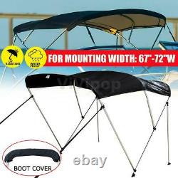 600D 67''-72''W Bimini Top 3 Bow Canopy Canvas Boat Cover 6ft Long With Rear Poles