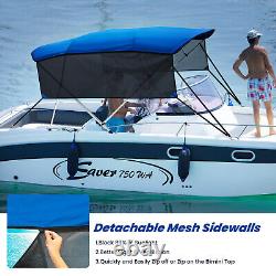 8FT Bimini Top Canopy Sun Shade 750D Blue Boat Cover 4 Bow 54 H 85-90 W