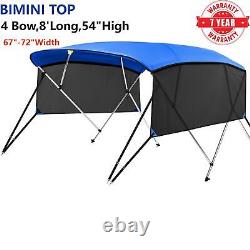 8FT Bimini Top Canopy Sun Shade 750D Blue Boat Cover 4 Bow 54High 67-72 Width