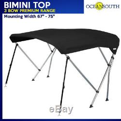 BIMINI TOP 3 Bow Boat Cover Black 67-75 With Rear Poles & Integrated Cover51L