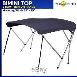 BIMINI TOP 3 Bow Boat Cover Blue 67-75 With Rear Poles & Integrated Cover51L
