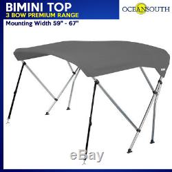 BIMINI TOP 3 Bow Boat Cover Grey 59-67 With Rear Poles & Integrated Cover51L