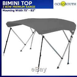 BIMINI TOP 3 Bow Boat Cover Grey 75-83 With Rear Poles & Integrated Cover51L