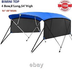 BIMINI TOP 4 Bow Boat Cover 8ft Long With Rear Poles 54H 54-60 W Blue Anti-UV