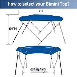 BIMINI TOP 4 Bow Boat Cover 8ft Long With Rear Poles 54H 61-66 W Blue Anti-UV