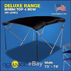 BIMINI TOP 4 Bow Boat Cover Black 73-78 Wide 8ft Long With Rear Poles