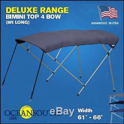 BIMINI TOP 4 Bow Boat Cover Blue 61-66 Wide 8ft Long With Rear Poles