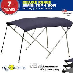 BIMINI TOP 4 Bow Boat Cover Blue 79 84 Wide 8ft Long With Rear Poles