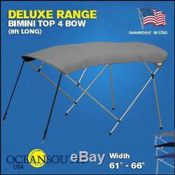 BIMINI TOP 4 Bow Boat Cover Gray 61-66 Wide 8ft Long With Rear Poles