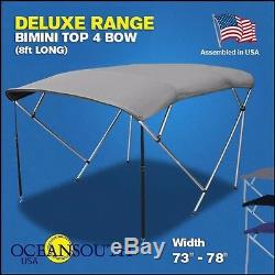 BIMINI TOP 4 Bow Boat Cover Gray 73-78 Wide 8ft Long With Rear Poles