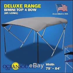 BIMINI TOP 4 Bow Boat Cover Gray 79-84 Wide 8ft Long With Rear Poles