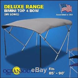 BIMINI TOP 4 Bow Boat Cover Gray 85-90 Wide 8ft Long With Rear Poles
