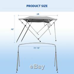 BIMINI TOP BOAT COVERS 73-78 WIDE 3 BOW 6 FT 600D Gray + Rear Support Poles