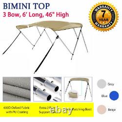 Bimini Top Boat Cover 3 Bow 6ft. Long 46 High 67-72 withRear Support Poles Beige