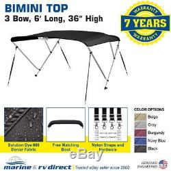 Bimini Top Boat Cover 36 High 3 Bow 6' ft. L x 67 72 W Solution Dye Black