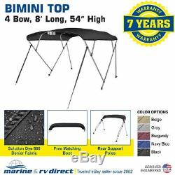 Bimini Top Boat Cover 4 Bow 54 H 67 72 W 8' Long Solution Dye 600D Black