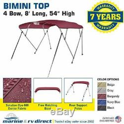 Bimini Top Boat Cover 4 Bow 54 H 73 78 W 8 ft. Long Solution Dye Burgundy