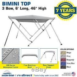 Bimini Top Boat Cover 46 High 3 Bow 79-84 Wide 6' L GRAY, with Rear Poles