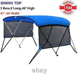 KAKIT 6FT Bimini Top Canopy Sun Shade 750D Blue Boat Cover 3 Bow 46 H 61-66 W