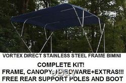 New Navy Blue Vortex Stainless Steel Frame Bimini Top 8 Ft Long, 97-103 Wide