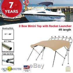 Oceansouth 3 Bow Bimini Top with Rocket Launcher 4ft Length 51- 59 Sand