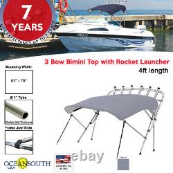 Oceansouth 3 Bow Bimini Top with Rocket Launcher 4ft Length 67- 75 Gray