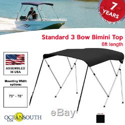 Oceansouth BIMINI TOP 3 Bow Boat Cover Black 73-78 Wide 6ft Long With Rear Poles