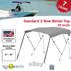 Oceansouth BIMINI TOP 3 Bow Boat Cover Gray 61-66 Wide 6ft Long With Rear Poles